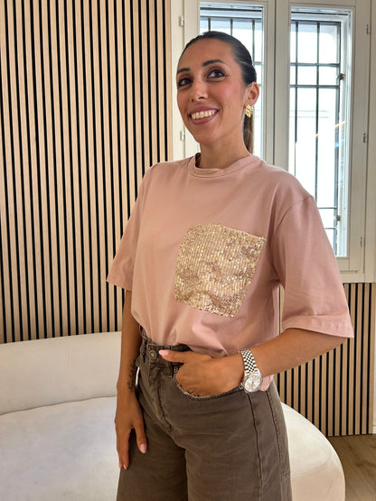 T-shirt tasca paillettes rosa
