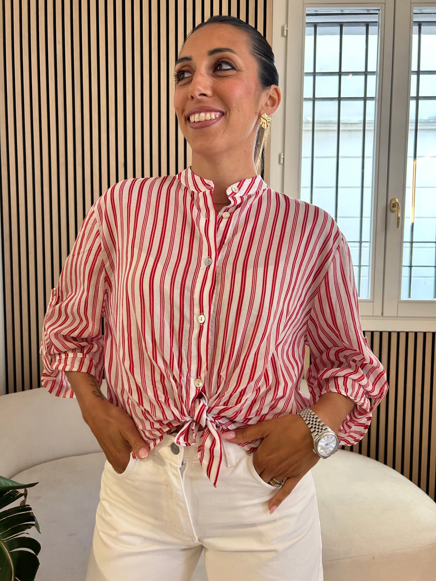 Camicia coreana gessata rossa