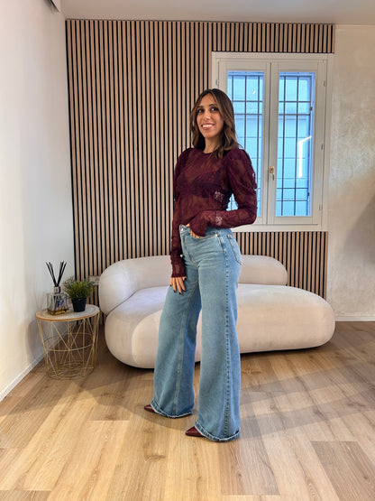 Maglia crop pizzo manica sbuffo