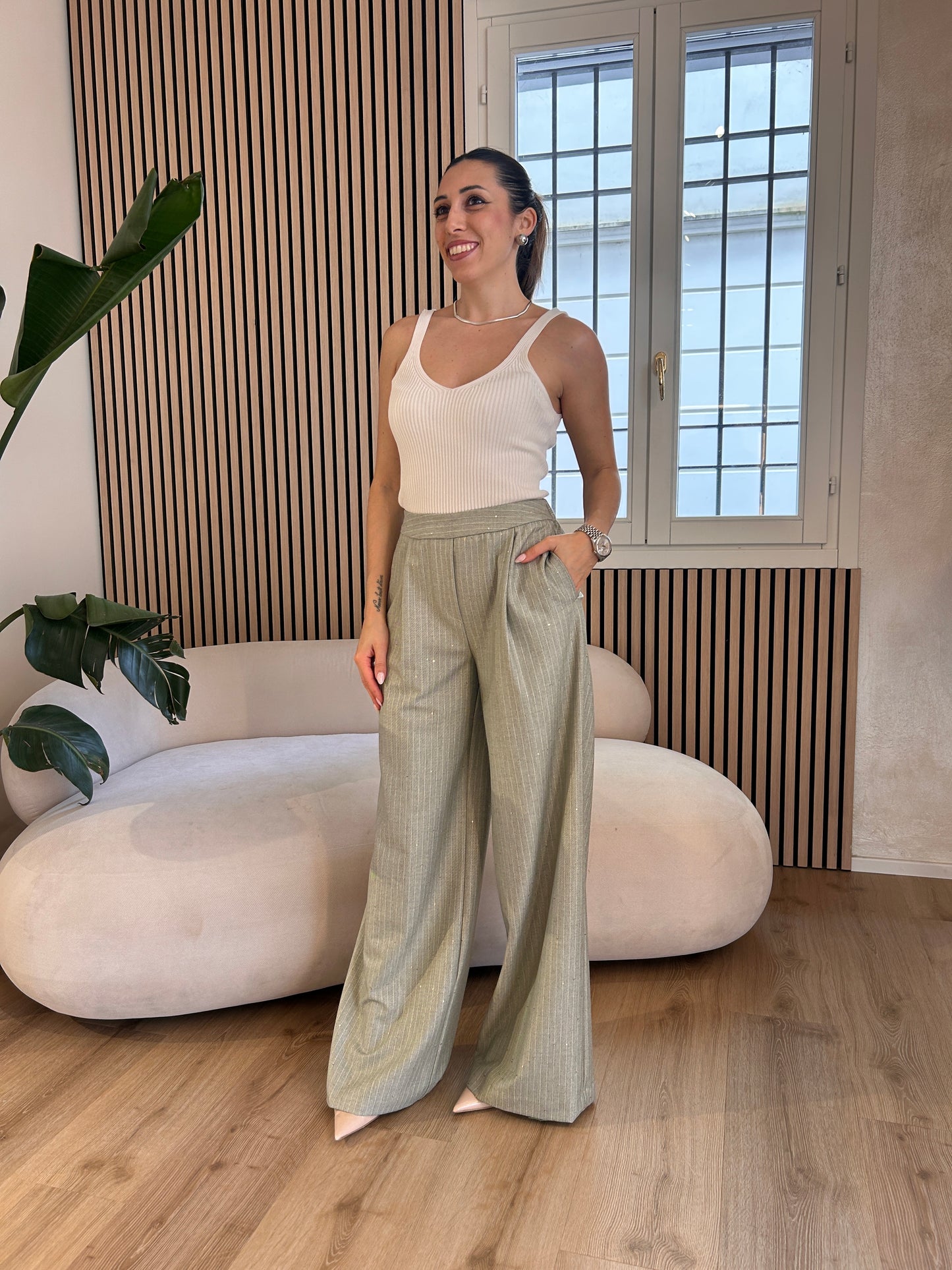 Pantalone gessato micro paillettes