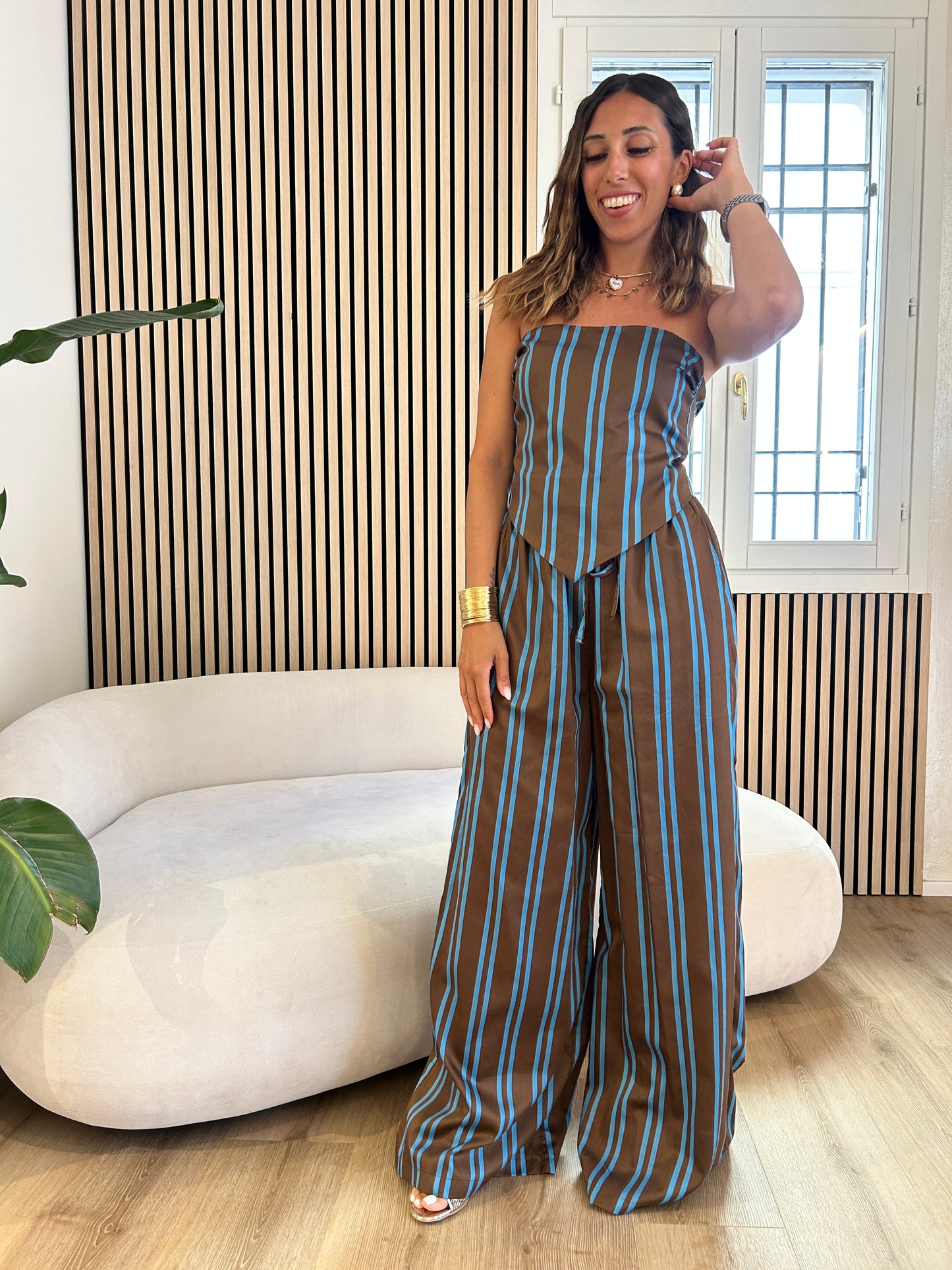 Pantalone tabacco/azzurro
