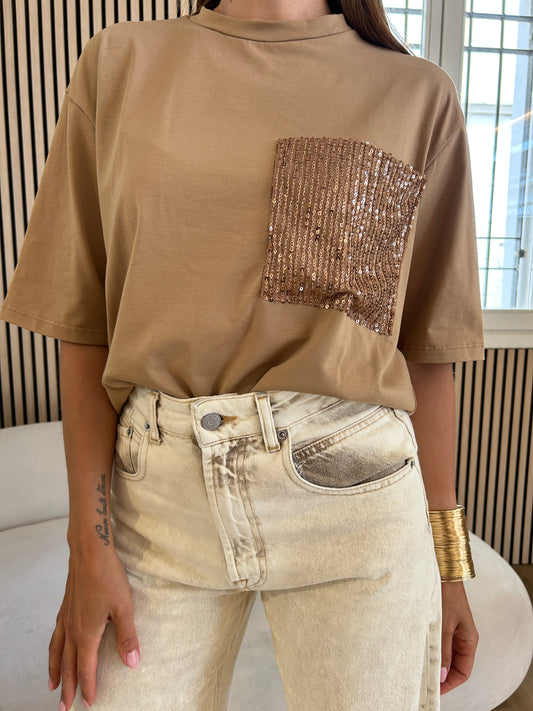 T-shirt tasca paillettes biscotto