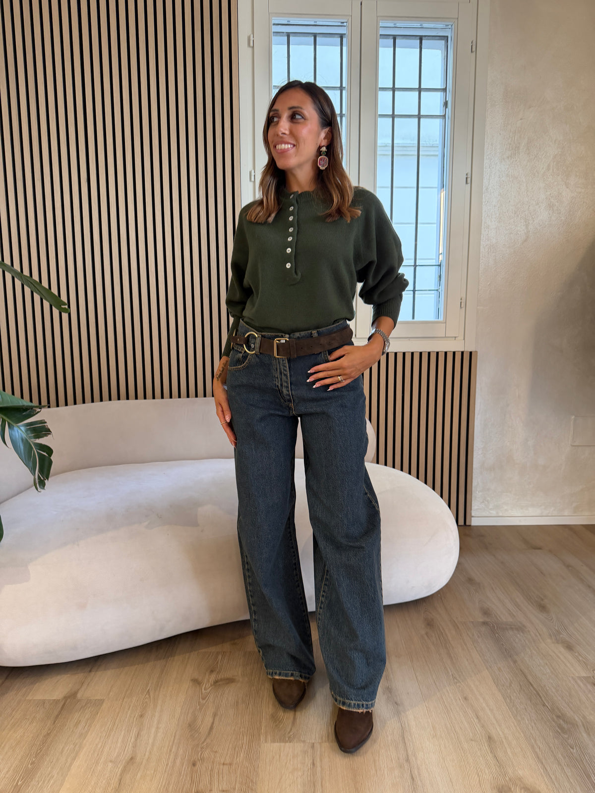 Girocollo bottoni 100% lana khaki