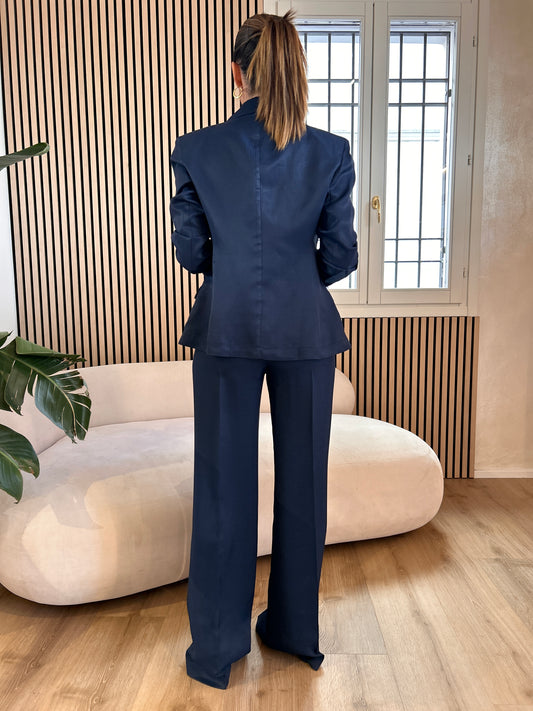 Pantalone misto lino blu