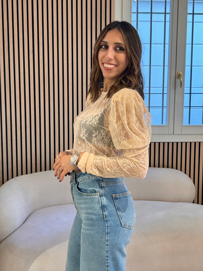 Maglia crop pizzo manica sbuffo