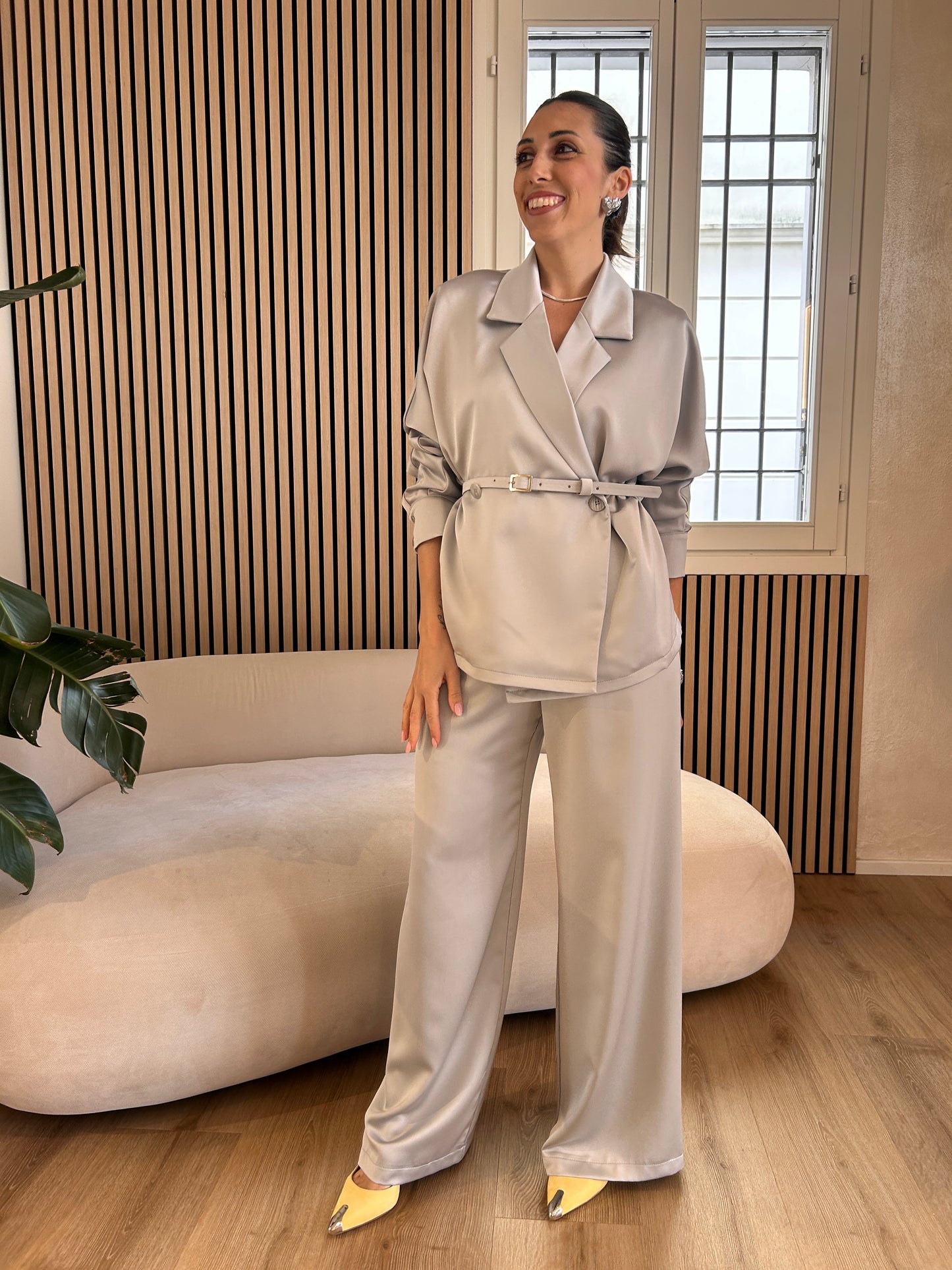 Giacca doppiopetto raso perla