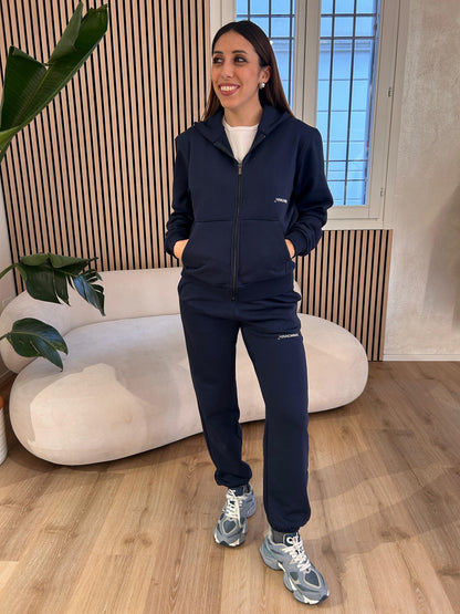 Felpa cappuccio basica full zip con marsupio blu