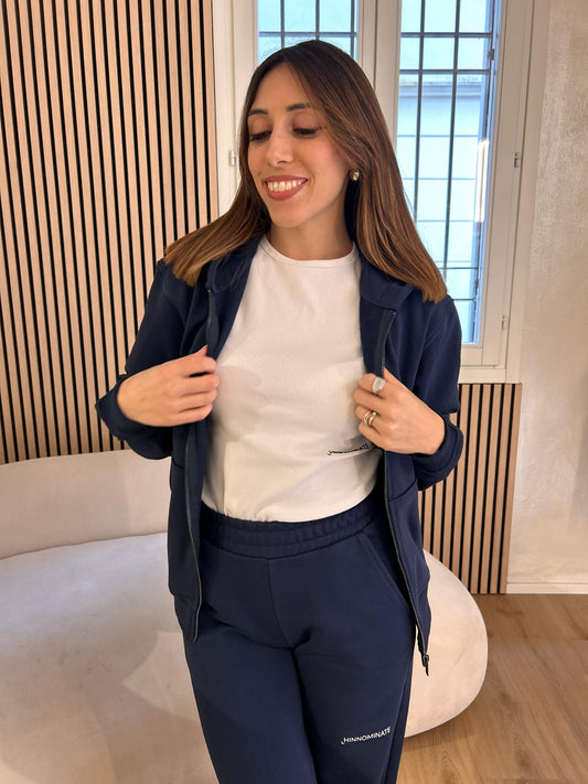 Felpa cappuccio basica full zip con marsupio blu