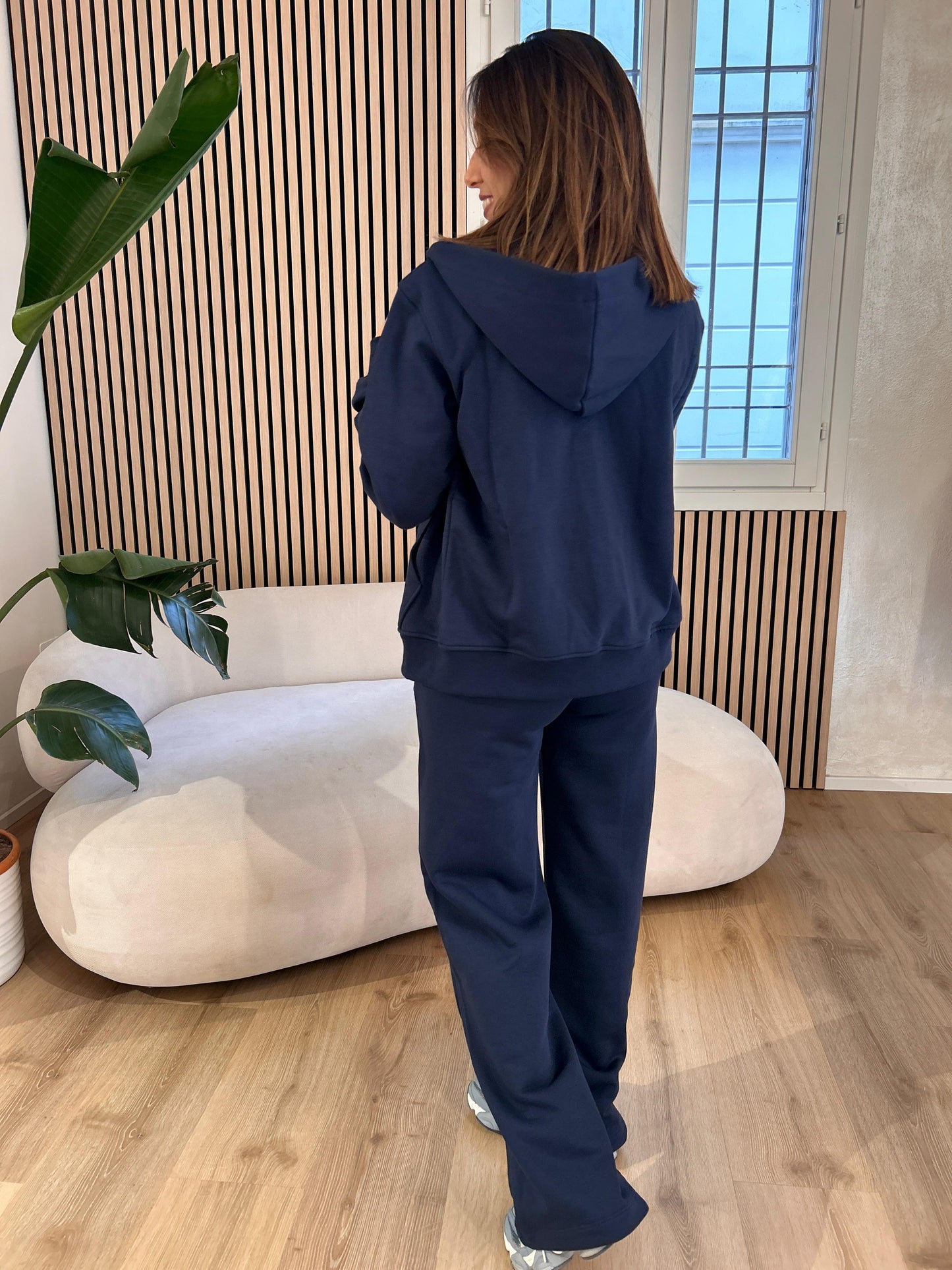 Felpa cappuccio basica full zip con marsupio blu