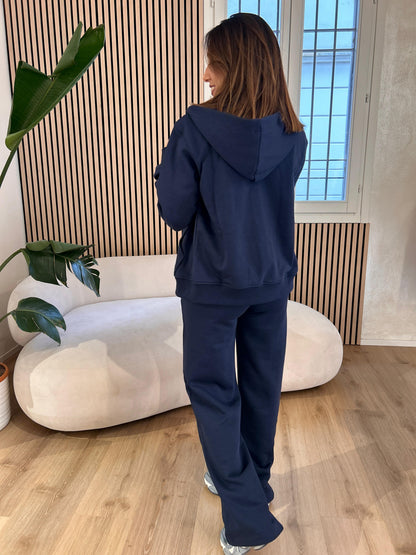 Felpa cappuccio basica full zip con marsupio blu