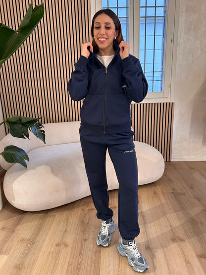Felpa cappuccio basica full zip con marsupio blu